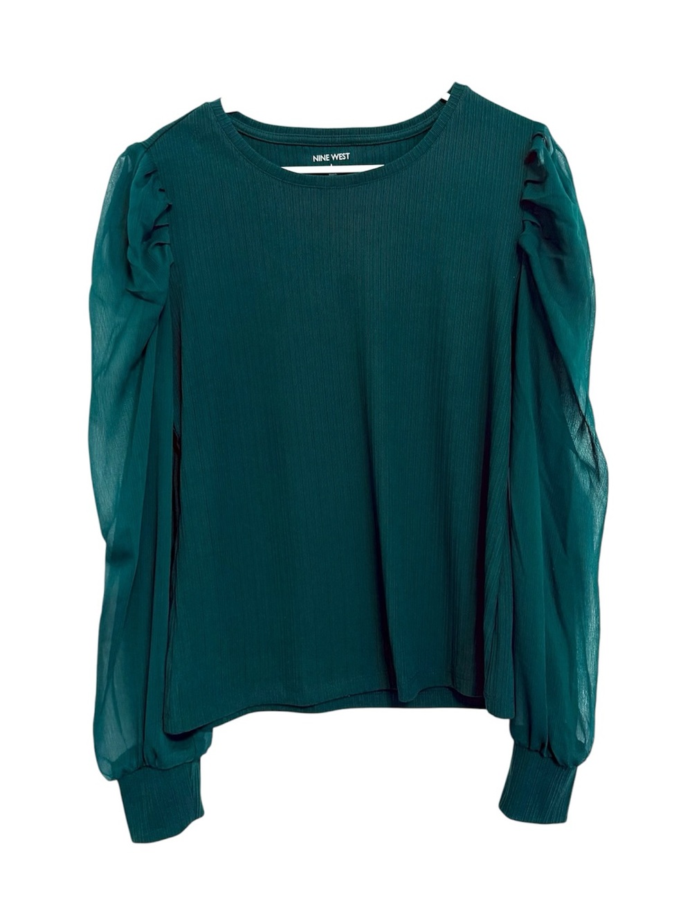 2/$30 Nine West Green Ribbed Sheer Sleeve Blouse Size Large Puff Sleeve Top